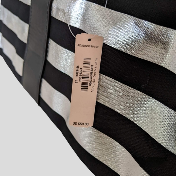 Victoria's Secret X-Large Black Metallic Silver Horizontal Striped Tote Bag - Picture 3 of 11